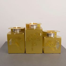 Set 3 suporturi lumanare, Ginkgo Tealight, Otel, Auriu