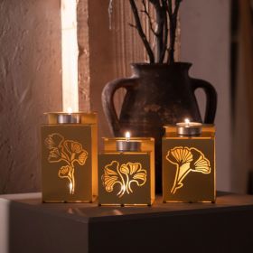 Set 3 suporturi lumanare, Ginkgo Tealight, Otel, Auriu