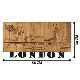 Decoratiune de perete, London v2, lemn/metal, 58 x 30 cm, negru/maro