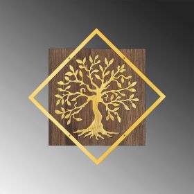 Decoratiune de perete, Tree v2, 50% lemn/50% metal, Dimensiune: 54 x 54 cm, Nuc / Aur