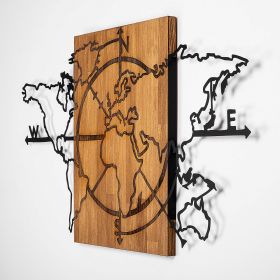 Decoratiune de perete, World Map, 50% lemn/50% metal, Dimensiune: 118 x 3 x 70 cm, Nuc negru