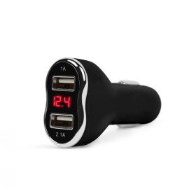 mnc - adaptor de incarcare cu conectare la bricheta auto - 2 x usb, cu voltmetru si ampermetru - negru