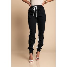 Pantaloni La Moda Largi Cu Dungi Si Talie Elastica Frieda, Negri