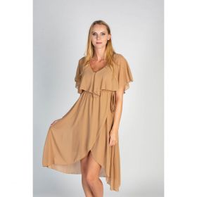 Rochie Midi ElegantÄƒ Cu Volan È˜i FustÄƒ Este ÃŽncruciÈ™atÄƒ È˜i AsimetricÄƒ Barbados, Bej
