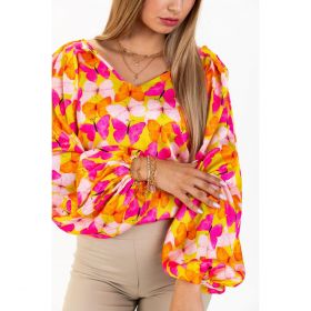 BluzÄƒ ElegantÄƒ Cu MÃ¢neci Largi, Decolteu AdÃ¢nc È˜i Imprimeu Fluture Andreya, Galben