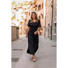 Rochie LungÄƒ Cu Croiala Lejera, Decolteu In â€œVâ€, MÃ¢neci Scurte Cu Volane È˜i Deschideri Mandelina, NeagrÄƒ