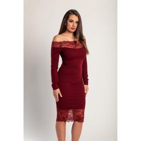Rochie Midi Eleganta Cu Maneci Lungi Si Detaliu Din Dantela Translucida Avignon, Visiniu