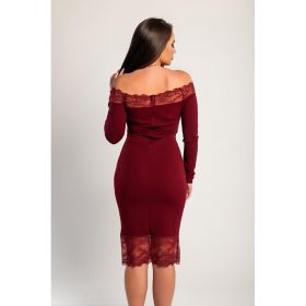 Rochie Midi Eleganta Cu Maneci Lungi Si Detaliu Din Dantela Translucida Avignon, Visiniu