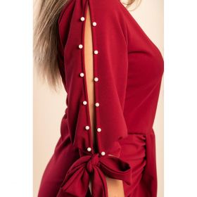 Rochie Midi ElegantÄƒ Cu Guler Rotund MÃ¢neci 3/4 Cu FantÄƒ È˜i Margele Decorative Peppina, Visiniu