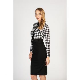 Rochie Midi Eleganta Cu Imprimeu Pepita Si Guler Inalt Moyama, Alba