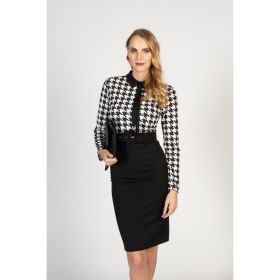 Rochie Midi Eleganta Cu Imprimeu Pepita Si Guler Inalt Moyama, Alba