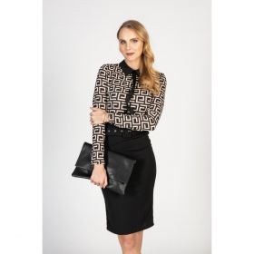 Rochie Midi Eleganta Cu Imprimeu Geometric Si Guler Inalt Moyama, Neagra