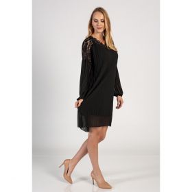 Rochie Mini PlisatÄƒ ElegantÄƒ Cu MÃ¢neci Lungi Largi È˜i InserÈ›ii Din DantelÄƒ Cremona, NeagrÄƒ