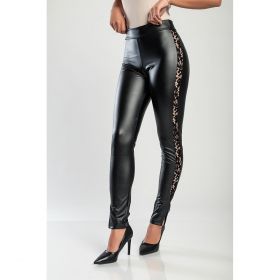 Leggings Eleganti Din Piele Sintetica Cu Dantela Margaretta, Negru