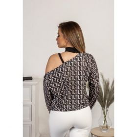 Tricou Elegant Cu Decolteu Asimetric Si Imprimeu Geometric Mathilde, Negru-Bej