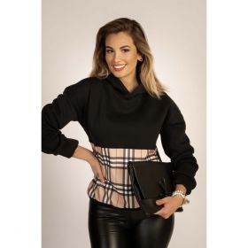 Bluza Cu GlugÄƒ È˜i Imprimeu ÃŽn Carouri La ModÄƒ Mimma, Negru
