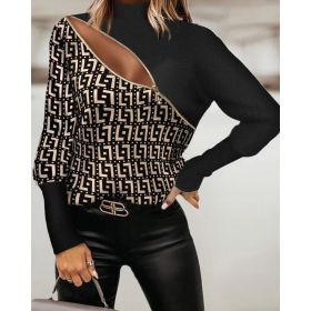 Tricou Elegant Cu Imprimeu Geometric Si Fermoar Mattina, Bej