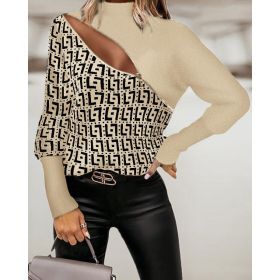Tricou Elegant Cu Imprimeu Geometric Si Fermoar Mattina, Bej-Negru