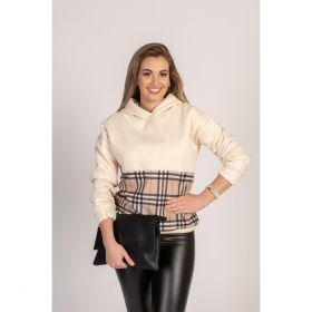Hanorac Cu GlugÄƒ È˜i Imprimeu ÃŽn Carouri La ModÄƒ Mimma, Bej