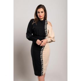 Rochie Midi ElegantÄƒ Cu Imprimeu Geometric, Negru/Bej