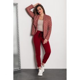 Costum Elegant Cu Pantalon Si Blazer Cu Imprimeu Geometric Nunzia, Visiniu