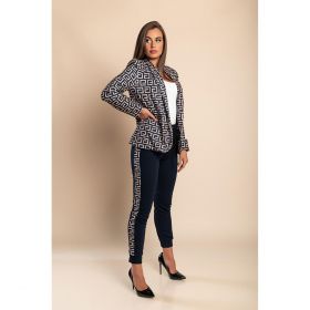 Costum Elegant Cu Pantalon Si Blazer Cu Imprimeu Geometric Nunzia, Albastru Inchis