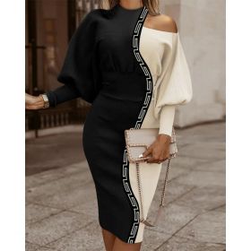 Rochie Midi ElegantÄƒ Cu Imprimeu Geometric, Negru/Bej