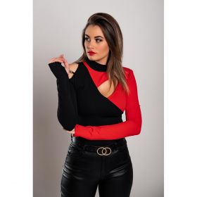 Top Cu Decolteu Asimetric Tahy, Negru/RoÈ™u