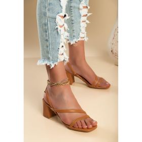 Sandale Cu Toc Patrat, Culoare Camel