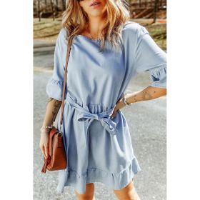 Rochie Mini Din Denim Cu Volane, Albastru Deschis