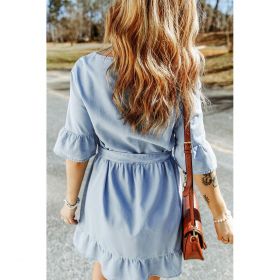 Rochie Mini Din Denim Cu Volane, Albastru Deschis