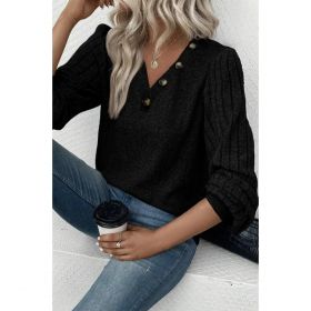 Pulover Cu Maneci Striate Si Nasturi Decorativi, Negru