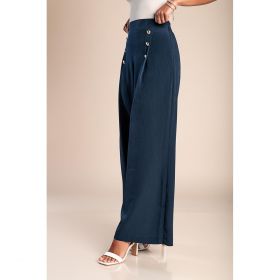 Pantaloni Lungi Eleganti Cu Nasturi, Albastru Inchis