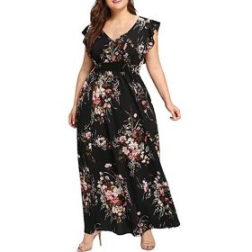 Rochie lunga cu flori - supradimensionata negru 4XL