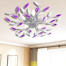 Plafoniera violet/albă brațe frunze cristal acrilic 5 becuri E14