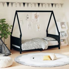 vidaXL Cadru de pat pentru copii, negru, 80x160 cm, lemn masiv de pin