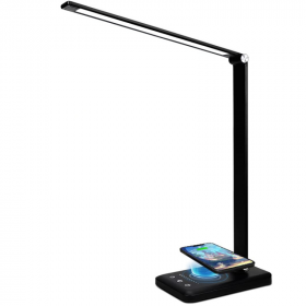 Lampa birou cu LED Quasar & Co, incarcare wireless telefon Andoid si IOS, touch control, reglare intensitate lumina rece/calda, timing inchidere, negru