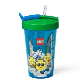 Pahar cu capac verde și pai LEGO® Iconic, 500 ml, albastru