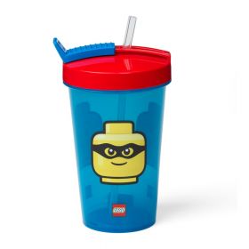 Pahar cu capac roșu și pai LEGO® Iconic, 500 ml, albastru