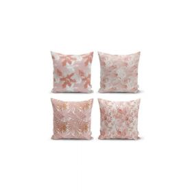 Set 4 fețe de pernă decorative Minimalist Cushion Covers Pink Leaves, 45 x 45 cm