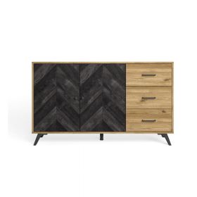 Comodă negru/natural joasă cu aspect de lemn de stejar 136x81 cm Delta – Marckeric
