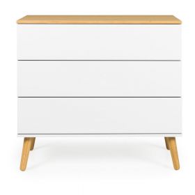 Comodă cu detalii în decor de stejar și 3 sertare Tenzo Dot, 90 x 79 cm, alb