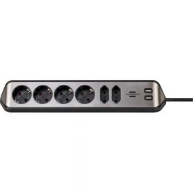 Prelungitor pentru perete/colt Brennenstuhl Estilo 215725, 6 prize, 2 x USB, 2m, Argintiu/Negru