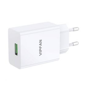 Incarcator priza Vipfan E03, 1x USB + cablu de incarcare Type-C, 18W, QC 3.0, Plastic, Alb
