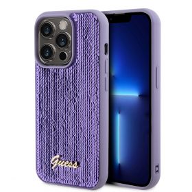 Husa de protectie telefon Guess pentru iPhone 15 Pro, Metal Logo, Paiete, Silicon, Violet