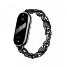 Curea pentru Bratara Smartband pentru Xiaomi Mi Band 8, piele + otel inoxidabil, Negru