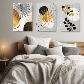 Set 3 tablouri frunze aurii negre multicanvas - Dimensiune multicanvas: 3 tablouri 50x70 cm