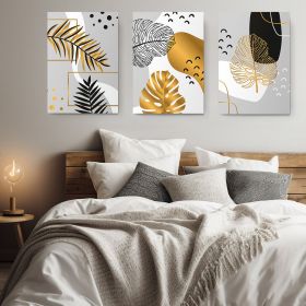 Set 3 tablouri frunze monstera palmier aurii negre - Dimensiune multicanvas: 3 tablouri 40x60 cm