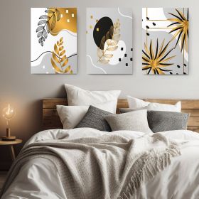 Set 3 tablouri minimalist frunze auriu negru - Dimensiune multicanvas: 3 tablouri 80x120 cm