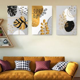 Set 3 tablouri minimaliste frunze aurii negre - Dimensiune multicanvas: 3 tablouri 60x90 cm